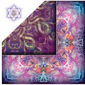 May include: A vibrant, artistic design featuring a purple octopus and a tiger face with a woman's face. The design is a mix of geometric shapes and organic forms, with a color palette of purple, pink, and blue. The image includes a logo with a bee.