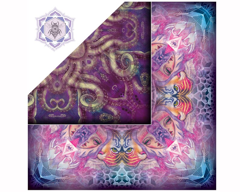 May include: A vibrant, artistic design featuring a purple octopus and a tiger face with a woman's face. The design is a mix of geometric shapes and organic forms, with a color palette of purple, pink, and blue. The image includes a logo with a bee.