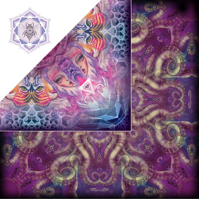 May include: A vibrant, artistic design featuring a kaleidoscope of imagery. The artwork includes a central figure with a geometric design, faces, tiger heads, and octopus tentacles. The color palette is dominated by purples, pinks, and blues, with a logo in the upper left corner.