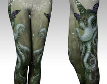 ART LEGGINGS "Magical Butterfly Octophant" by Phresha - art leggings, made in canada, yoga tights, wearable art, boho style, festival wear