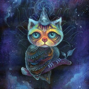 PAPER Print "Midnight Meowl" von Phresha - Giclée-Druck, Eule Katze, verschiedene Größenoptionen, magische Tier