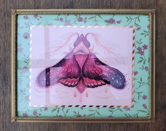 FRAMED WATERCOLOR PAINTING "Midnight Pollinator" by Phresha