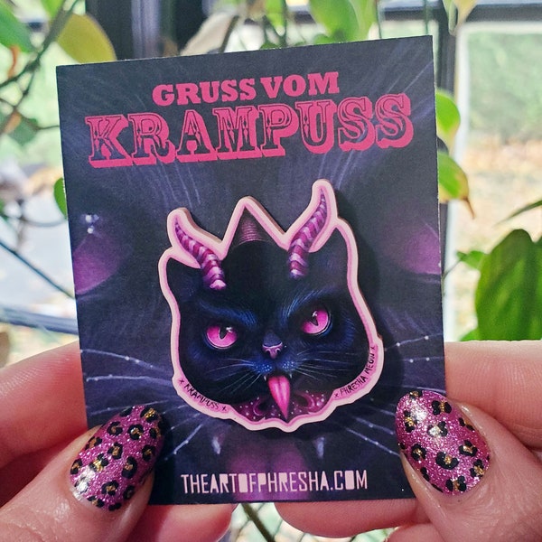 Krampusss - acrylic or wooden pin badge for Krampus and cat lovers