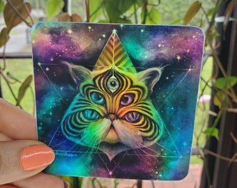 HOLOGRAPHIC STICKER "Intergalactic Feline" by Phresha - square vinyl sticker, 3 x 3", trippy art