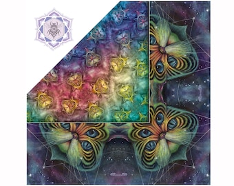 DOUBLE SIDED BANDANA "Space Kitty" by Phresha - festival fashion, face covering, psychedelic dust mask, visionary art, face mask
