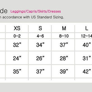 May include: A sizing guide for women's clothing, including leggings, capris, skirts, and dresses. The chart displays US standard sizing with bust, waist, and hip measurements in inches for sizes XS to XL.