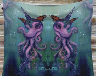 TAPESTRY "The Magical Butter Octophant Twins" by Phresha - 3 different sizes, made in Canada, psychedelic art, magical creatures