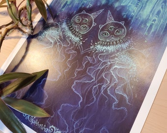 PAPER PRINT "The Magical Jellypurrrs" by Phresha - fantasy underwater art, jelly fish, surreal trippy art, fine art print, giclee print