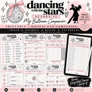 Puede incluir: Un conjunto de planificador de acompañamiento de baile para la temporada 35 de Dancing with the Stars, imprimible y digital. Las páginas presentan texto en rosa y negro, gráficos de bolas de discoteca y secciones para seguir parejas.
