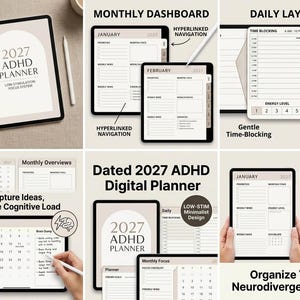 Może przedstawiać: Cyfrowy planer ADHD na rok 2027 wyświetlony na ekranie tabletu, charakteryzujący się niskostymulującym designem, miesięcznymi pulpitami nawigacyjnymi, układami dziennymi, blokowaniem czasu i nawigacją z hiperłączami.