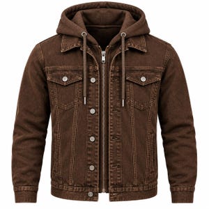 May include: A brown denim jacket featuring a built-in hood with matching drawstrings, a front zipper closure, and a button-down placket. The jacket includes two chest pockets with buttoned flaps, long sleeves with buttoned cuffs, and a classic collar.