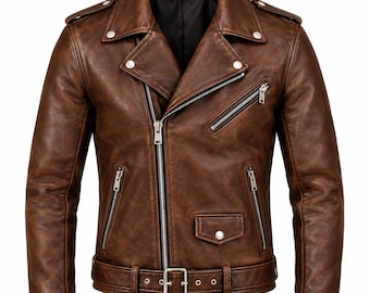 Jaqueta masculina de couro marrom desgastado estilo motociclista, casaco vintage com cinto estilo Brando, jaqueta retrô para motociclista.