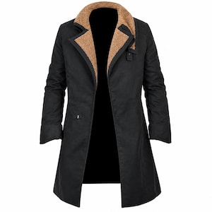 Peut inclure: Un manteau long noir doté d'un large col à revers doublé de fausse fourrure beige. Le manteau présente des manches longues, une silhouette structurée et une finition extérieure mate et lisse, créant un contraste entre le tissu sombre et la doublure texturée marron clair.