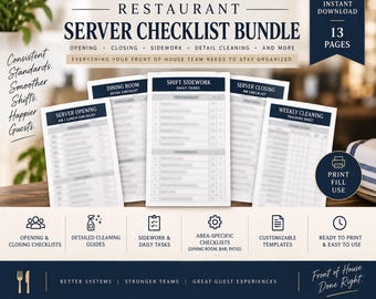 Checklisten-Paket für Restaurantmitarbeiter | Checklisten für Öffnung & Schließung | Nebenarbeiten + Reinigung | Servicebereich (PDF zum Ausdrucken)