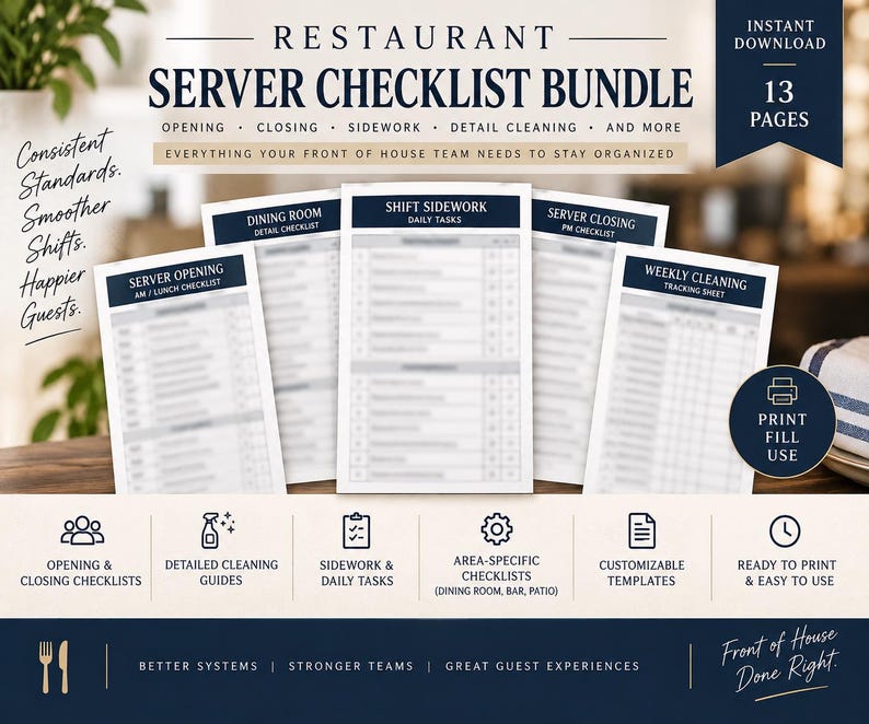 May include: A restaurant server checklist bundle featuring 13 pages of printable templates. The documents include server opening, shift sidewalk, server closing, and weekly cleaning tracking sheets with dark blue headers and white paper backgrounds.