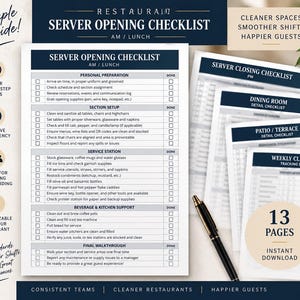 May include: A set of restaurant server checklists printed on white paper with dark blue headers. The documents include sections for opening, closing, dining room, patio, and weekly cleaning tasks, featuring checkboxes and a black pen resting on top.