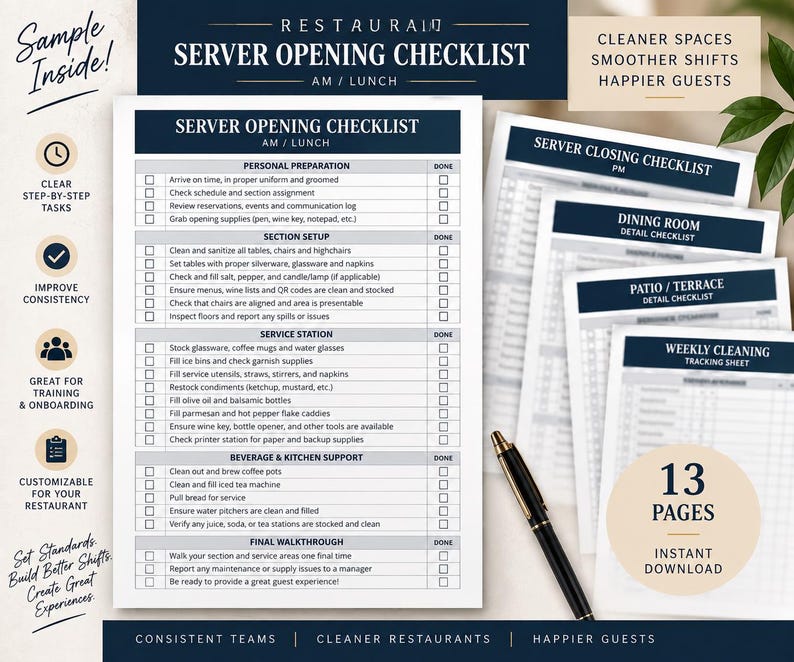 May include: A set of restaurant server checklists printed on white paper with dark blue headers. The documents include sections for opening, closing, dining room, patio, and weekly cleaning tasks, featuring checkboxes and a black pen resting on top.