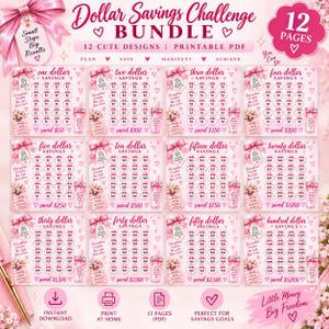 May include: A Dollar Savings Challenge bundle featuring 12 printable PDF pages with pink bows, floral accents, and circular icons for tracking savings from one to one hundred dollars, including text labels like Plan, Save, Manifest, and Achieve.