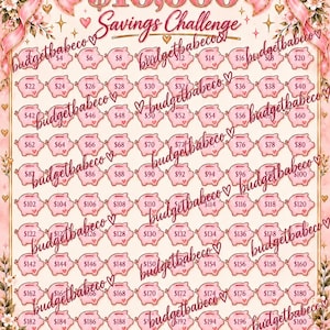 May include: A $10,000 Savings Challenge tracker sheet featuring a grid of pink piggy bank icons, each labeled with a dollar amount. The design includes pink bows, floral accents, and the text budgetbabeco repeated across the page.