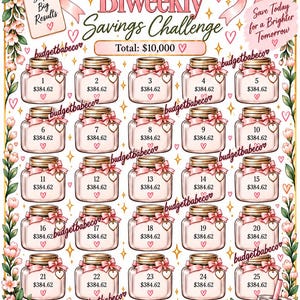 May include: A $10,000 Biweekly Savings Challenge tracker featuring twenty-six illustrated jars, each labeled with a number and $384.62. The design includes pink ribbons, floral borders, and text reading Small Steps Big Results and Plan Save Manifest Achieve.