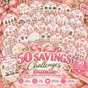 Puede incluir: Una colección de 50 rastreadores de desafíos de ahorro con bordes florales rosas e iconos variados para fondos como Home Repairs, Vacation y Christmas. El texto dice 50 SAVINGS Challenges Bundle y 50 UNIQUE TRACKERS.