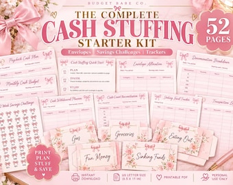 Cash Stuffing Starter Kit, 52 Page Pink Budget Binder with Envelopes and Savings Trackers, Digital Download