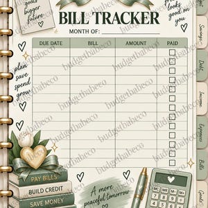 Könnte beinhalten: Eine digitale Rechnungs-Tracker-Seite mit einer salbeigrünen Schleife und einer Tabelle mit Spalten für Fälligkeitsdatum, Rechnung, Betrag und Zahlungsstatus. Der Text umfasst 'BILL TRACKER', 'same goals bigger future', 'financial freedom looks good on you' und 'A more peaceful tomorrow'. Enthält einen Bücherstapel, einen Stift und einen Taschenrechner.