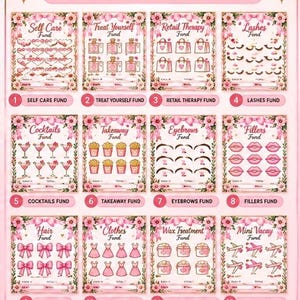 May include: A set of 12 printable savings trackers with a pink floral theme. Each tracker features specific icons like hearts, perfume bottles, shopping bags, eyelashes, cocktails, fries, eyebrows, lips, bows, dresses, wax pots, and airplanes.