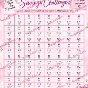 May include: A pink savings challenge tracker sheet with the text $1000 Savings Challenge. It features a grid of boxes with dollar amounts and heart icons, decorative bows, and the text Small Steps Big Dreams and Discipline Today A Brighter Tomorrow.
