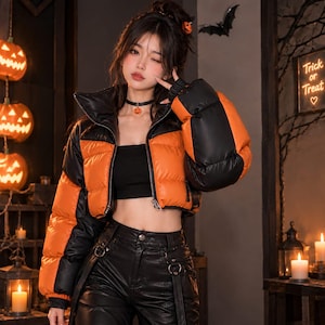 Könnte beinhalten: Eine kurze Steppjacke mit einem Color-Block-Design in leuchtendem Orange und Schwarz. Die Jacke hat einen hohen Kragen, lange Ärmel und einen Reißverschluss vorne. Sie wird über einem schwarzen bauchfreien Oberteil und einer schwarzen Hose getragen.
