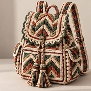 Op de afbeelding: Een gehaakte rugzak met een chevronpatroon in de kleuren crème, bosgroen en terracotta. De tas is voorzien van een geschulpte klep, een messingkleurige metalen sluiting, twee zijvakken, verstelbare schouderbanden en twee grote kwastjes.