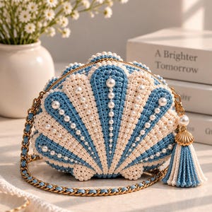 May include: A shell-shaped crochet handbag featuring alternating blue and cream ribbed panels. The bag is embellished with white faux pearls arranged in vertical lines along the ridges. It includes a gold-tone chain strap and a tassel.