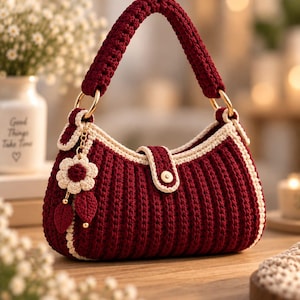 Puede incluir: Un bolso de ganchillo color burdeos intenso con un asa gruesa y texturizada, un borde color crema y un cierre central a presión. Un dije decorativo compuesto por una flor color crema y dos hojas burdeos cuelga de una anilla dorada lateral.