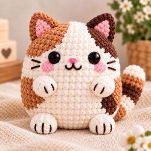 Op de afbeelding: Een rond, gehaakt kattenknuffeltje met een kleurrijk patroon in wit, bruin en beige. De kat heeft grote zwarte plastic ogen, een klein roze geborduurd neusje, roze wangen en een gestreepte staart. Het heeft twee kleine voorpootjes en twee voeten.