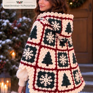 May include: A hooded crochet cape made of square motifs featuring dark green Christmas trees and white snowflakes on a cream background, joined by deep red borders. The garment has a scalloped cream edge and a hood, presented as a digital pattern.