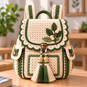 May include: A cream and forest green crocheted backpack featuring a scalloped flap, a central metallic clasp, and two large tassels with wooden beads. The front and side pockets are decorated with stitched leaf and berry appliques.