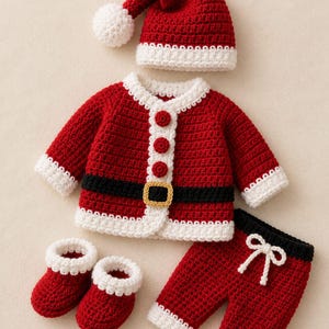 Può includere: Un completo da Babbo Natale all'uncinetto rosso e bianco composto da una giacca a maniche lunghe con tre bottoni rossi, una cintura nera con fibbia gialla, pantaloni abbinati con coulisse bianca, un paio di stivaletti e un cappello con pon-pon.
