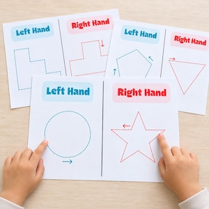 Può includere: Schede didattiche con forme tratteggiate da ricalcare. Ogni sezione è etichettata come Left Hand in blu o Right Hand in rosso, con frecce che indicano la direzione. Le forme includono un cerchio, una stella, un triangolo e un pentagono.
