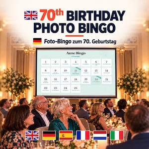 Könnte beinhalten: Eine 70th Birthday Photo Bingo Spielkarte auf einer großen Projektionsleinwand in einem Festsaal. Die Karte zeigt ein Raster aus 25 nummerierten Feldern mit Text, betitelt als Anne Bingo, vor einem hellgrünen Hintergrund mit dunkler Schrift.