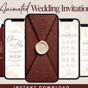 May include: A set of five smartphone screens displaying an animated wedding invitation template with deep red and cream floral designs, featuring text such as Olivia and Alex, wedding program, and RSVP, with a central wax seal graphic.