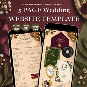 May include: A digital 5-page wedding website template for Canva and Google Forms. The screen displays wedding details, a ceremony schedule, a dark red envelope, a green invitation card, a date card for December 12, 2026, and a gold hand mirror icon.