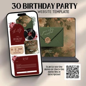 May include: A 30 Birthday Party website template displayed on a smartphone and laptop screen. The design features dark red and green floral accents, a vinyl record graphic, and an envelope with a wax seal. Text includes 30 Birthday Party, Thirty, Jessica's 30th Birthday, 19.12.2026, Venue, RSVP, and Tap to Open Invitation.