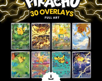 Pode incluir: Uma coleção digital de 30 sobreposições de arte completa do Pikachu com várias cenas ilustradas do personagem amarelo. O gráfico inclui o texto PIKACHU 30 OVERLAYS FULL ART, INSTANT DOWNLOAD e PIKACHU 30TH CELEBRATION FULL ART OVERLAYS 023-052.