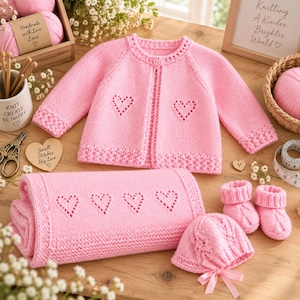 Può includere: Un set lavorato a maglia rosa chiaro per neonati composto da un cardigan a maniche lunghe con motivi traforati a cuore, una coperta rettangolare abbinata con cuori, un berretto a trecce con fiocco e un paio di scarpine a trecce.