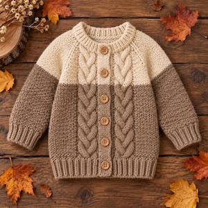 May include: A long-sleeve knit cardigan featuring a color-blocked design with a cream-colored upper section and a brown lower section. The garment includes a vertical cable knit pattern along the front placket and six round wooden buttons.