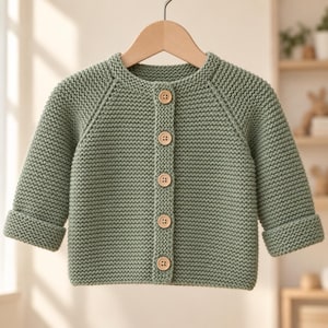 May include: A sage green long-sleeve knit cardigan featuring a round neckline and five light brown wooden buttons down the center front. The garment is constructed with a garter stitch pattern and includes folded cuffs at the end of each sleeve.
