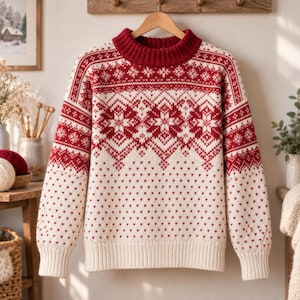 Pode incluir: Uma camisola de manga comprida com uma base de cor creme e um padrão de malha vermelho. O design inclui uma gola canelada vermelha sólida, uma faixa com motivos complexos de flocos de neve no peito e ombros, e um padrão de corações.