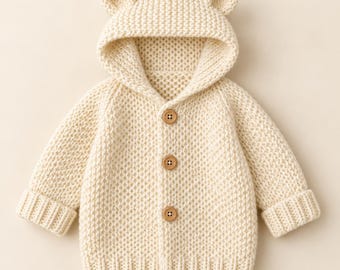May include: A cream-colored, long-sleeved knit cardigan featuring a hood with two small, rounded bear ears on top. The garment is fastened down the front with three light brown, four-hole wooden buttons and has ribbed cuffs and a ribbed hem.