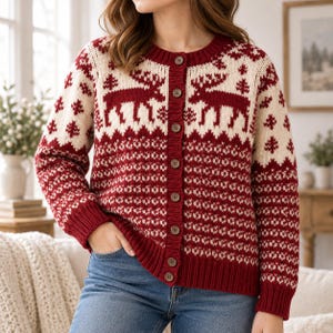 May include: A long-sleeve button-down cardigan featuring a two-tone red and cream knit pattern. The upper section displays a repeating reindeer and tree motif, while the lower body and sleeves feature a dense, small-scale geometric pattern.
