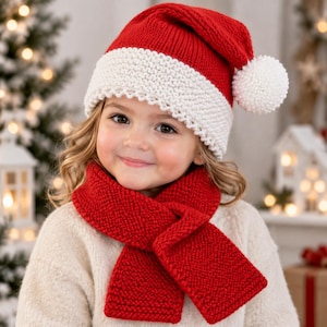 Puede incluir: Un gorro de punto rojo con un borde texturizado blanco y un pompón blanco en el lateral, combinado con una bufanda de punto roja a juego. El gorro presenta un diseño clásico con dobladillo, mientras que la bufanda tiene un punto bobo uniforme.